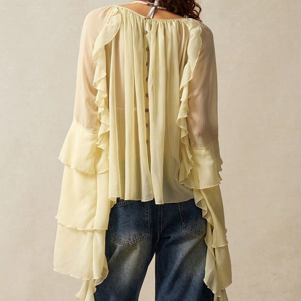 Yellow Casual Women's Loose Fit Long Sleeve Ruffled Hem Shirt - Picture 2 of 7